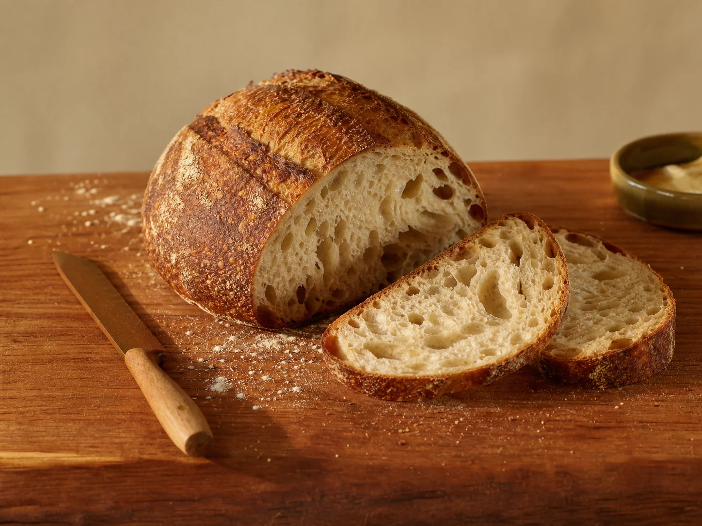 A single golden-brown rustic sourdough loaf, half-sliced, with two thick cross-section slices fallen to the right showing the open holey crumb, a scatter of flour dust on a warm hardwood board, a small wooden bread knife resting flat to the left of the loaf, a small olive-coloured ceramic dish of warm honey peeking in at the upper-right.