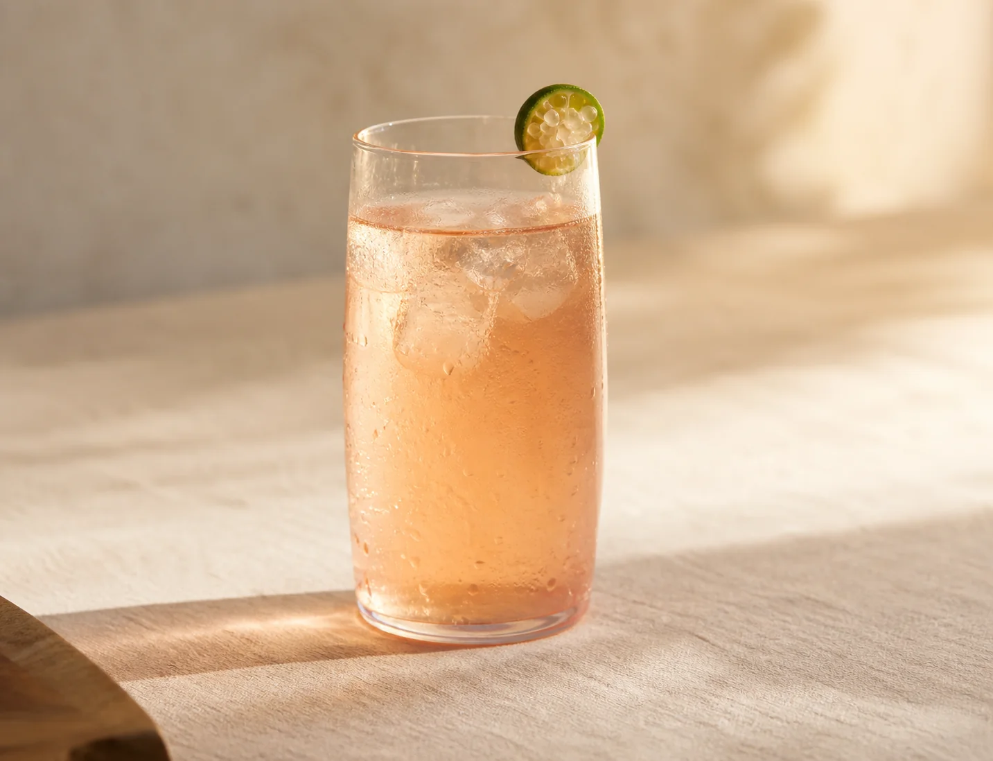 A tall slim clear-glass tumbler holding a pale sparkling pink-grapefruit-and-finger-lime soda with a thin slice of finger lime balanced on the rim, condensation beads on the glass, warm Queensland window light from the right casting a long soft shadow to the left.