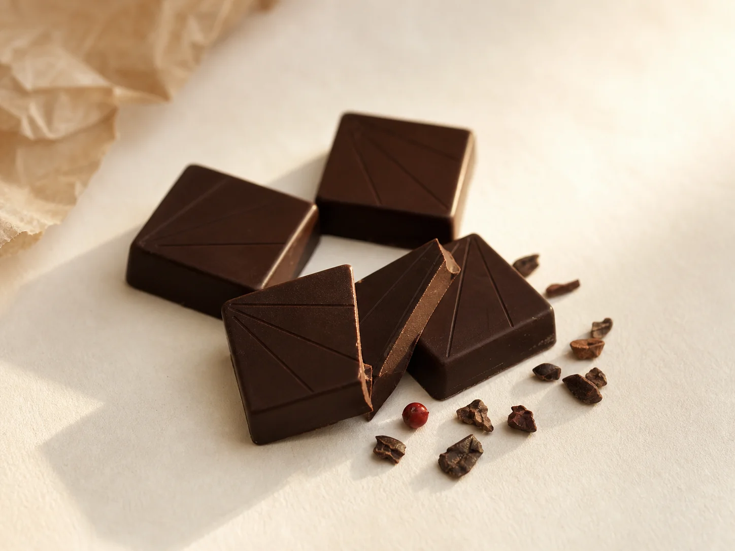 Four dark-chocolate squares in a loose curve on warm-paper, one broken in half to show the clean glossy snap-edge interior, a few cocoa nibs scattered loosely, a single bright-red Tasmanian pepperberry placed casually beside the broken square as an Australian-native pairing cue.