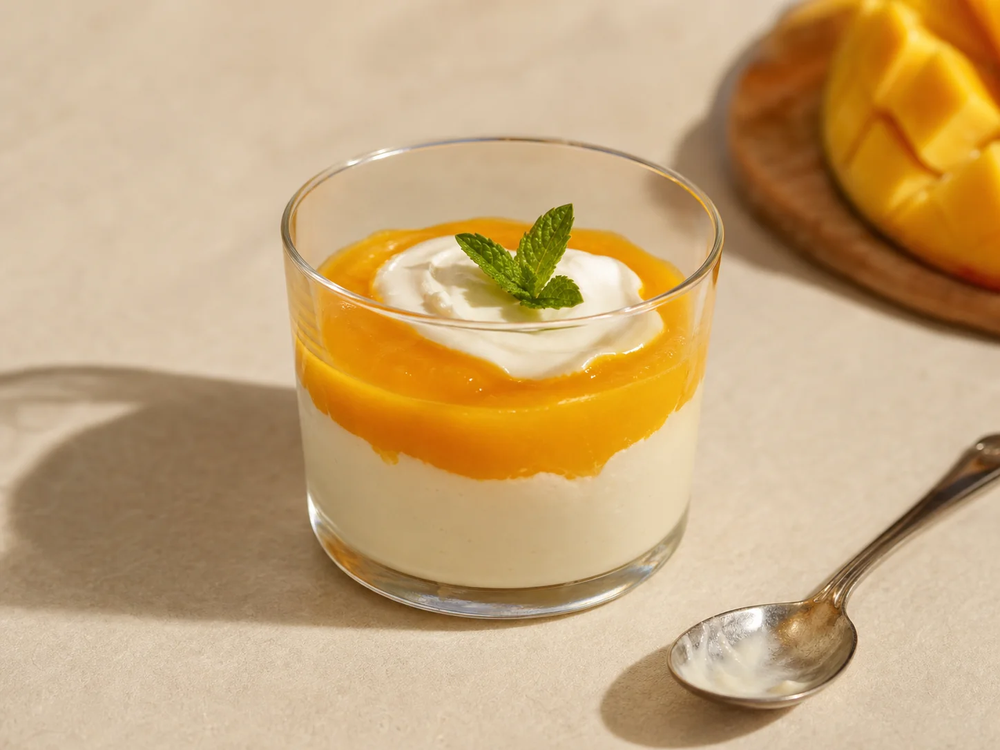 A small clear-glass dessert cup holding layered Greek-style yoghurt, glossy soft-orange Queensland mango puree, and a swirl of yoghurt on top, with a tiny mint leaf garnish; a silver dessert spoon rests on the warm-paper surface beside the cup; an out-of-focus fresh mango half on a wooden board peeks in at the upper-right.