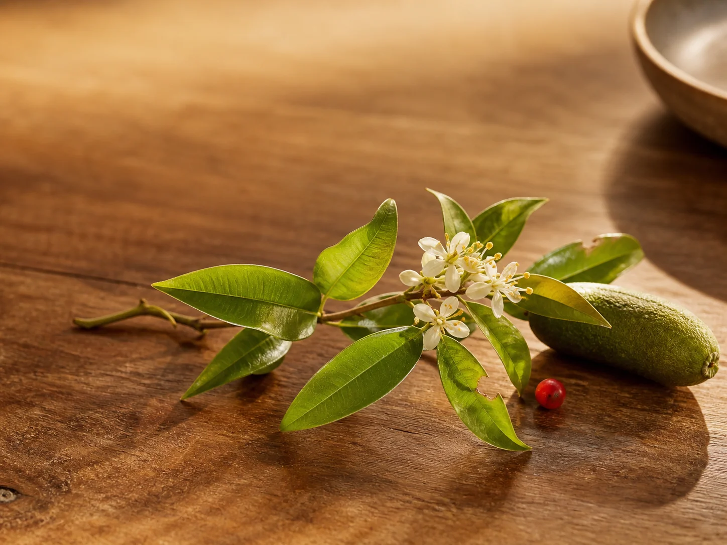 A fresh sprig of native lemon myrtle laid flat on a warm Australian hardwood surface, bright apple-green narrow lance-shaped leaves catching the warm side-light, a few cream-white five-petalled blossoms at the tip, beside it one green-skinned finger lime fruit and one small bright-red Tasmanian pepperberry.