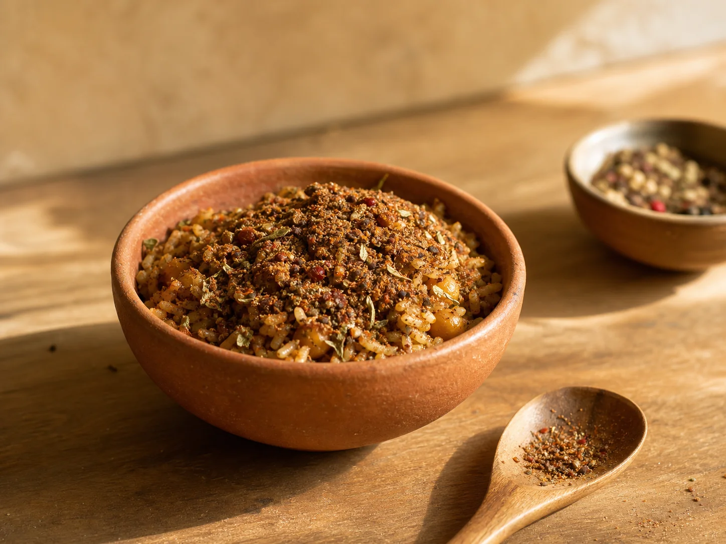A small low clay-terracotta ceramic bowl holding a finished savoury seasoning blend on top of cooked rice or roasted chickpeas, warm umber-and-red-flecked with cracked black pepper, smoked paprika, dried lemon-myrtle leaf and red Tasmanian pepperberry powder; a small wooden spoon rests on the bench beside the bowl with a few seasoning flecks.