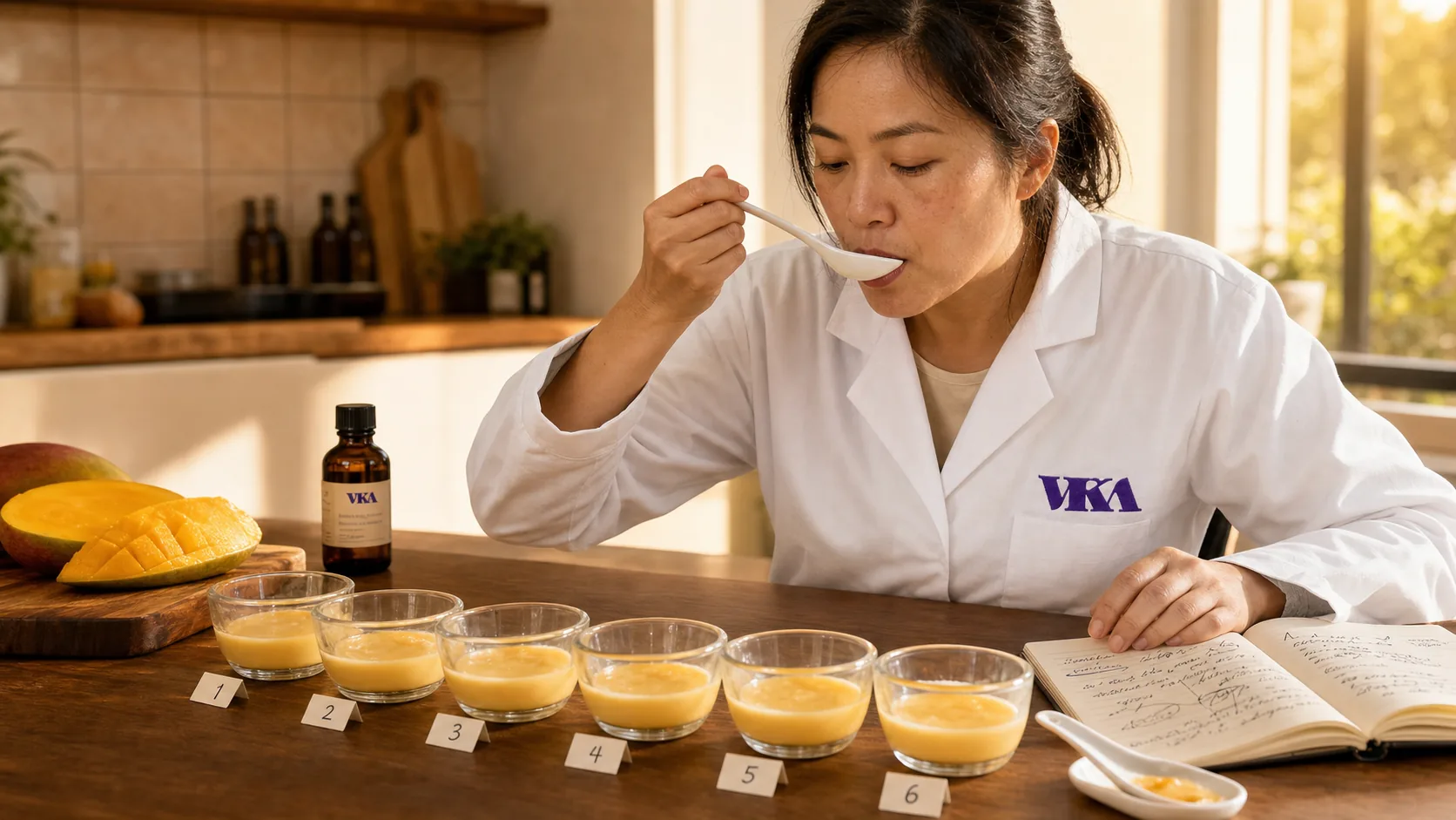 Custard application flight being tasted to trial a custom natural flavour.