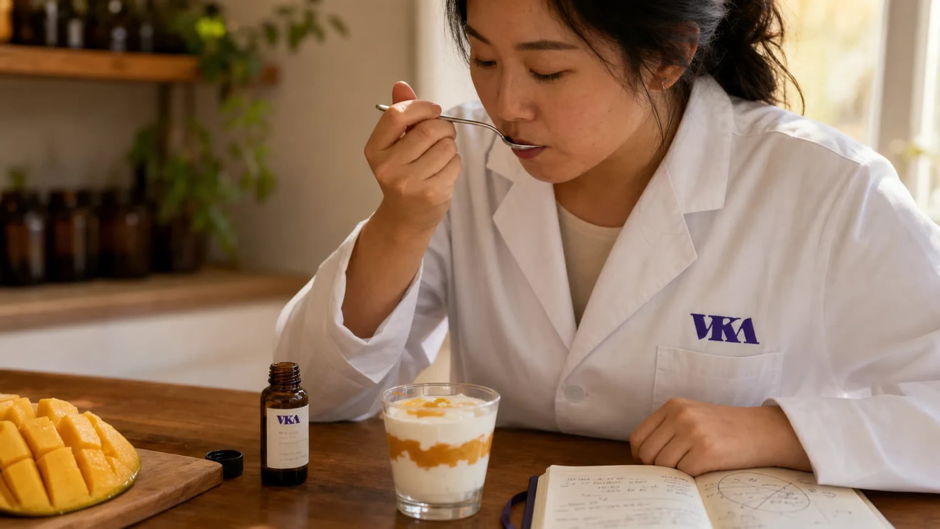Cultured yoghurt set up for sensory check, spoon resting on a tasting cup.