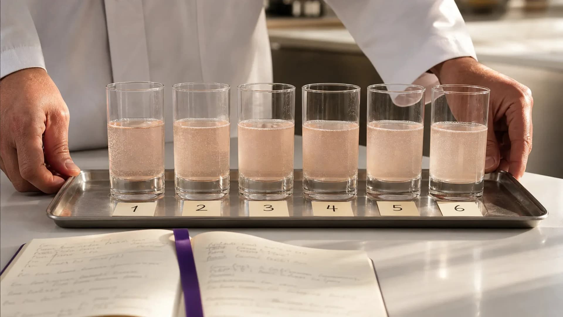 Six pink grapefruit and finger lime sodas set out for a beverage tasting panel.