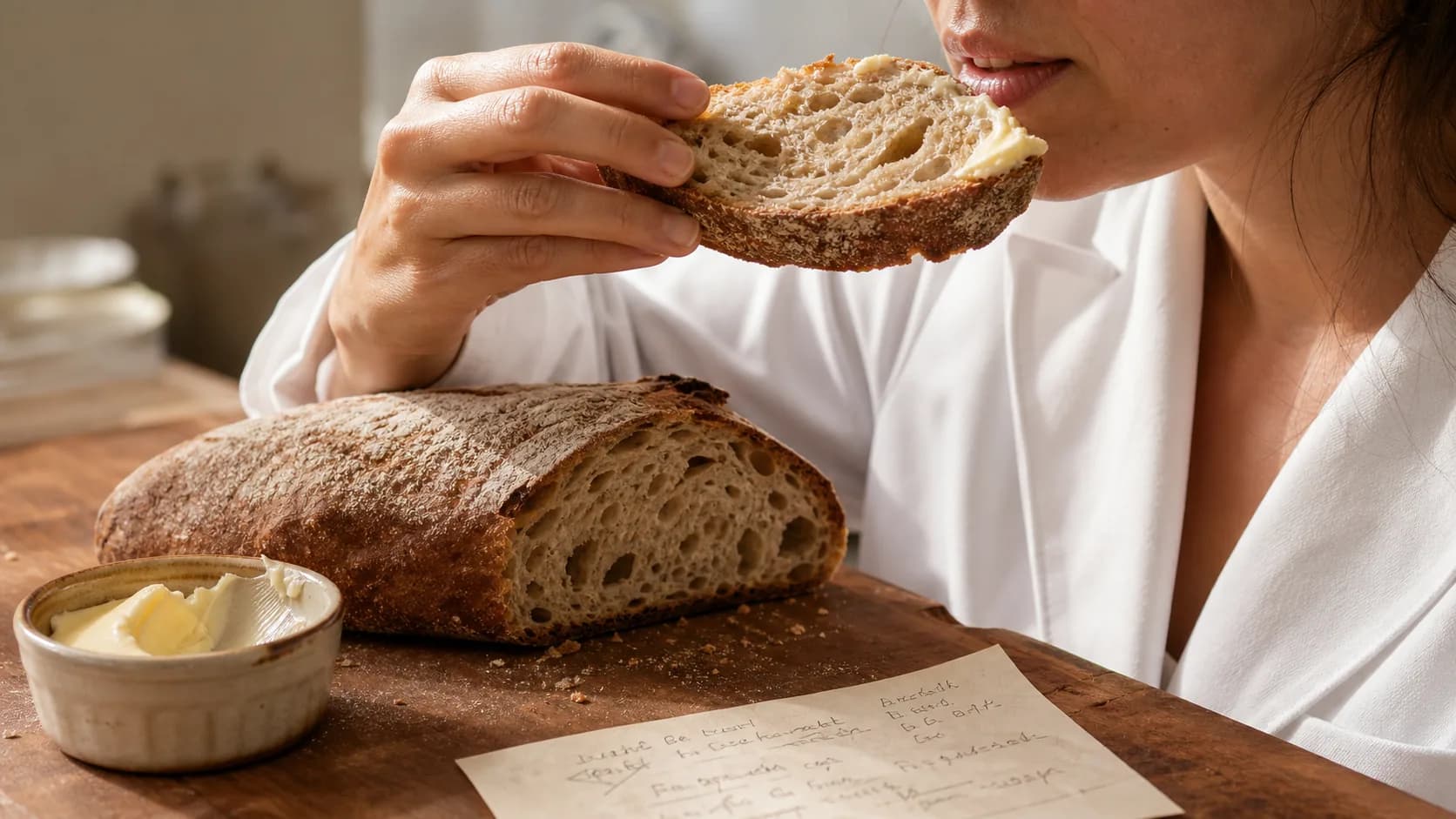 A rustic sourdough slice being lifted from a hardwood board for a tasting bite at the VKA Southport application bench, white VKA coat cuff visible.