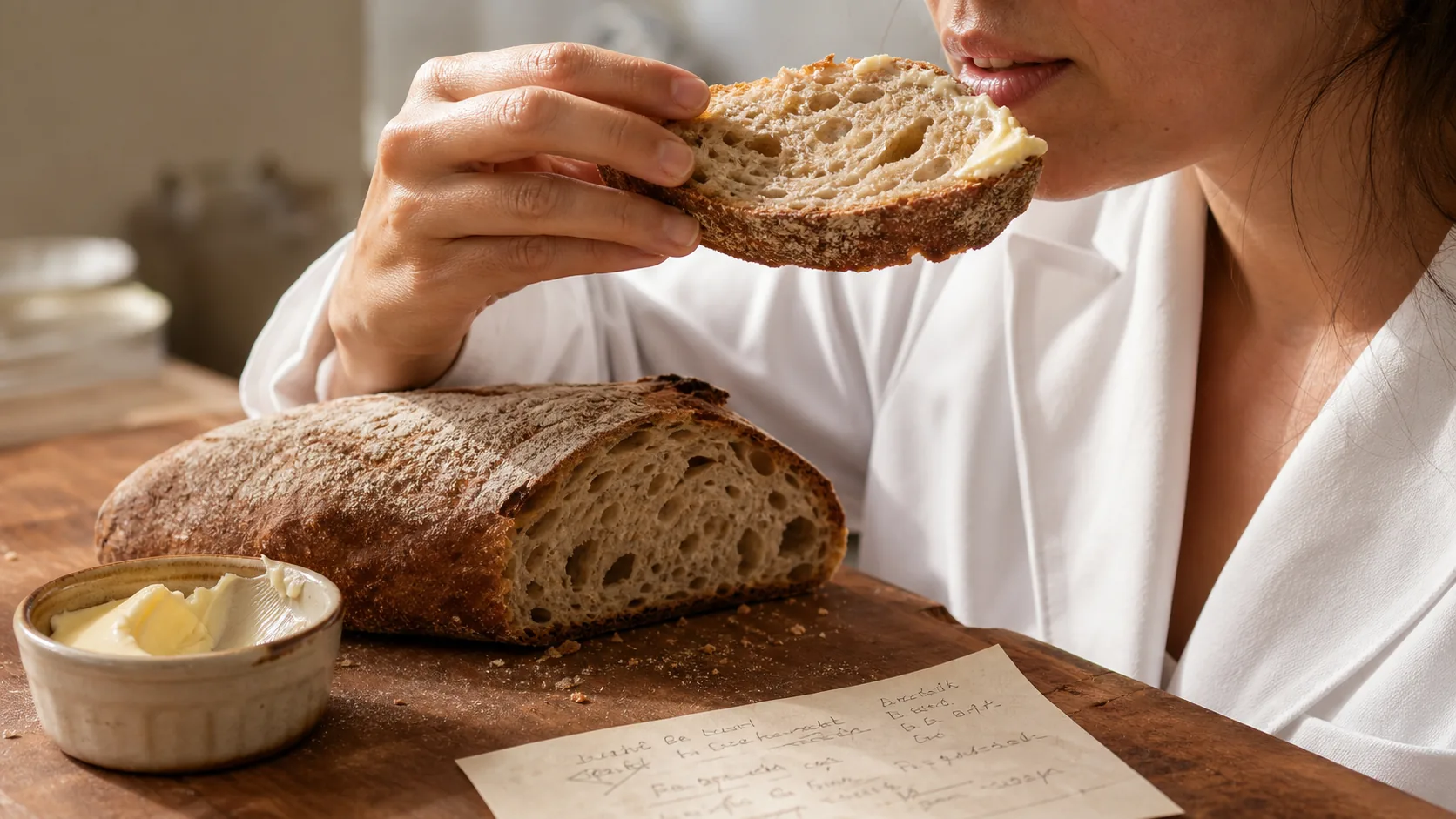 A bakery slice held to the light, crumb structure showing for top-note assessment.