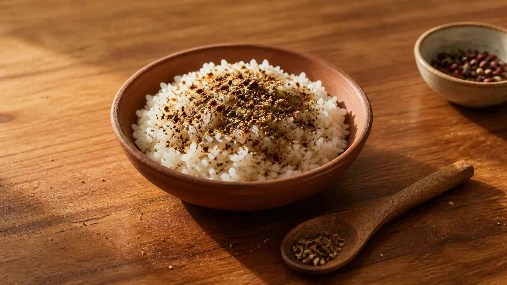 Savoury seasoning blend of cracked pepper, lemon myrtle and pepperberry on rice in the VKA Australia Southport application kitchen.