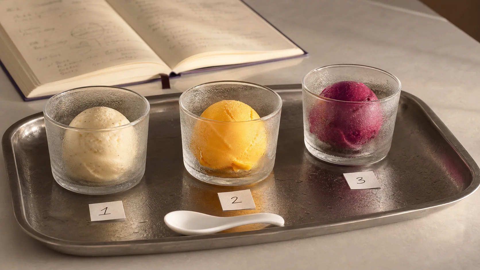 Three gelato scoops, vanilla, mango and Davidson plum, set out for tasting.
