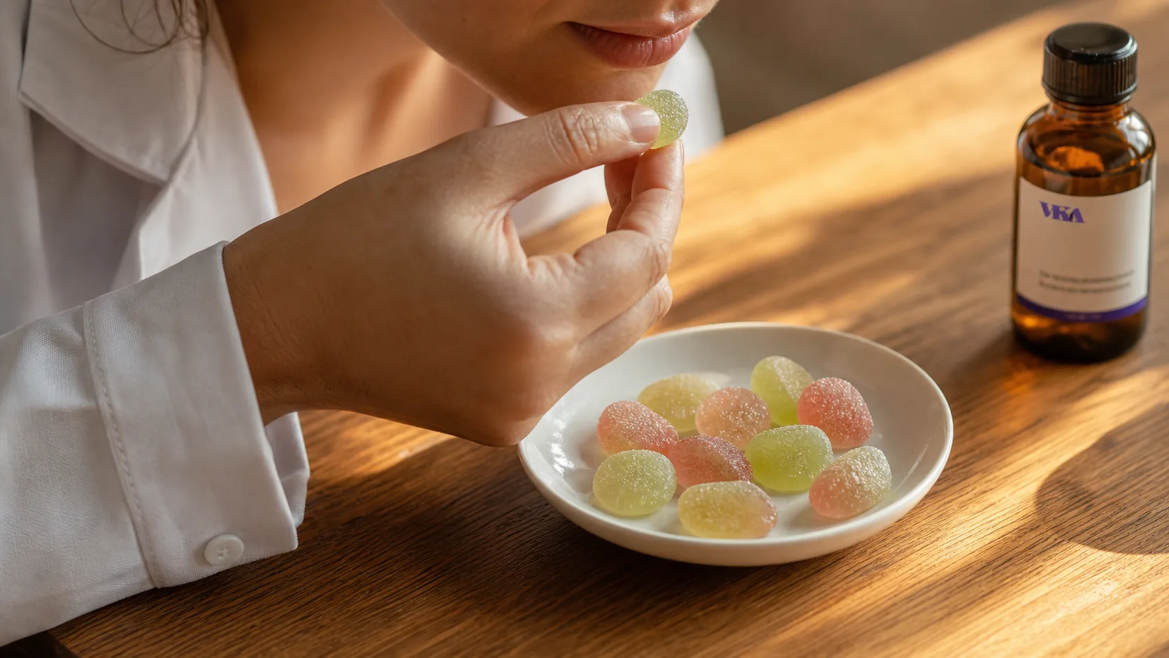 Gummies laid out on a tasting tray for controlled-release evaluation.