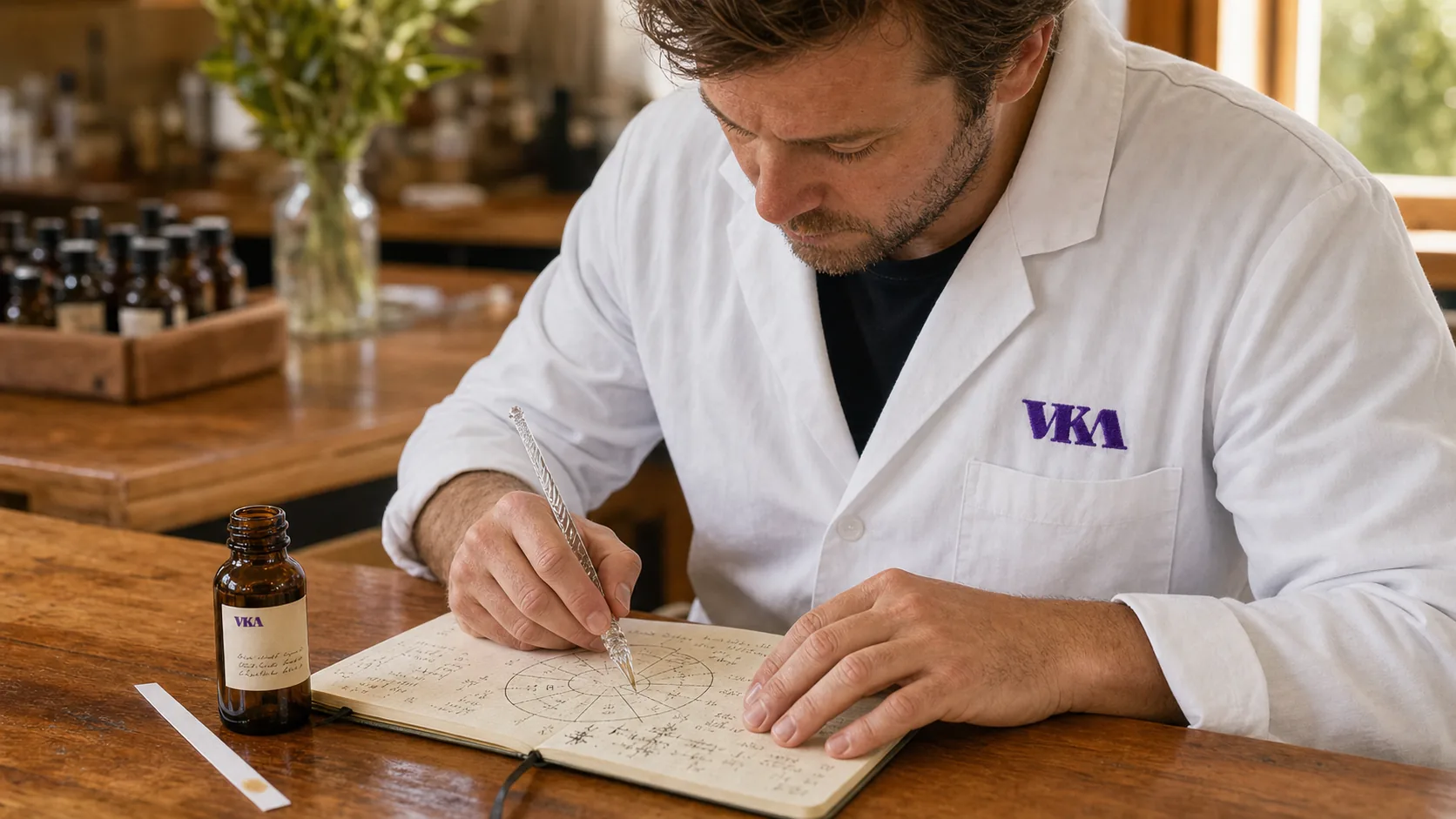 A flavourist sketching a target profile on a flavour-wheel diagram in the bench notebook at the Southport bench.