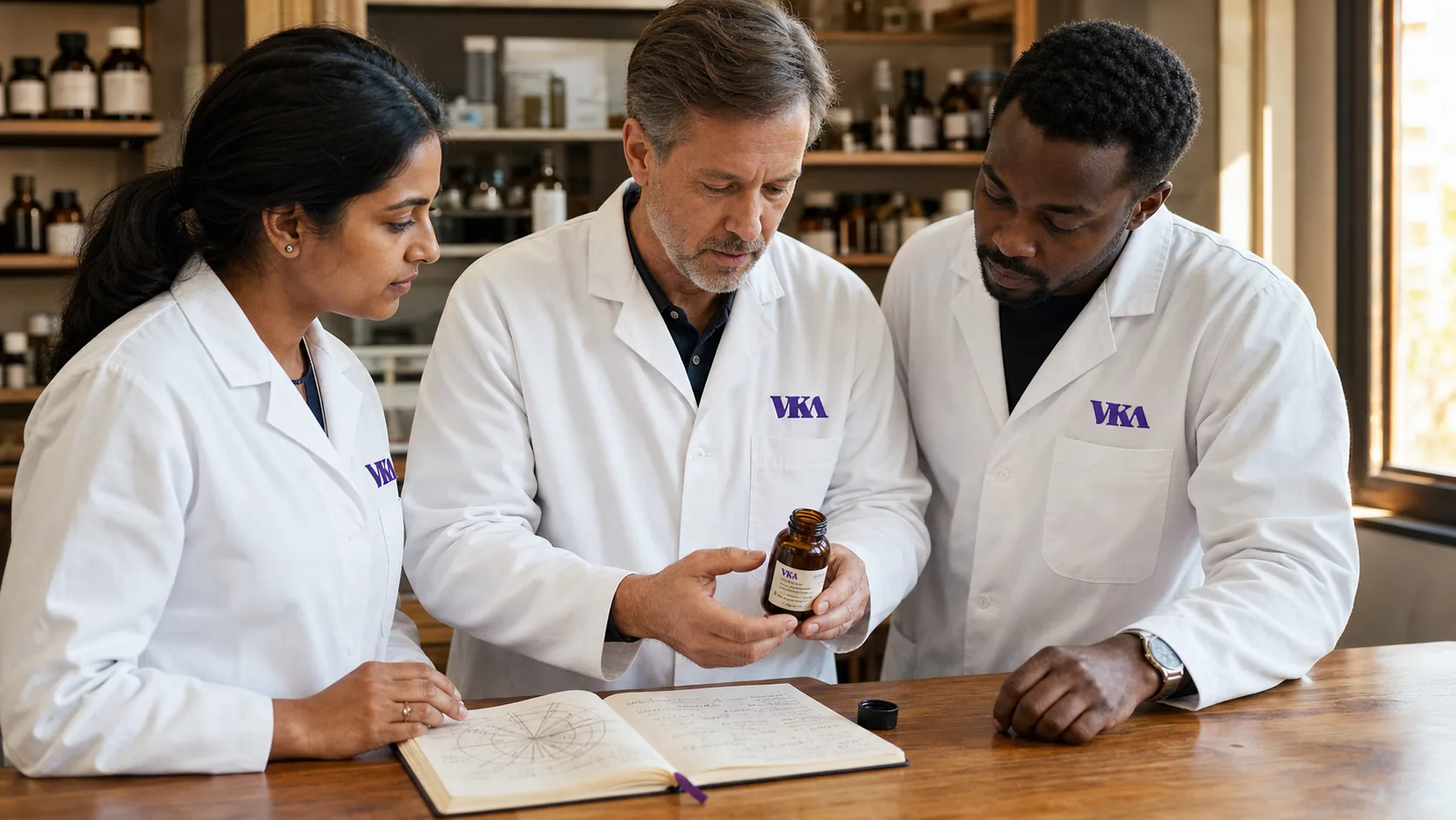 Three VKA Australia flavourists examining a sample bottle together at the Southport bench.