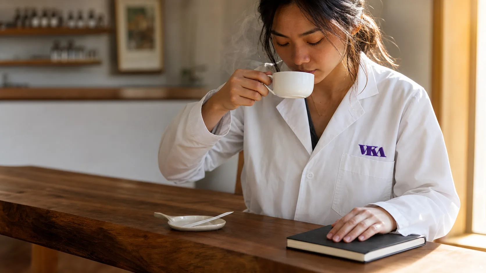 A VKA Australia flavourist at the Southport bench with a notebook and brief, in a quiet working moment.