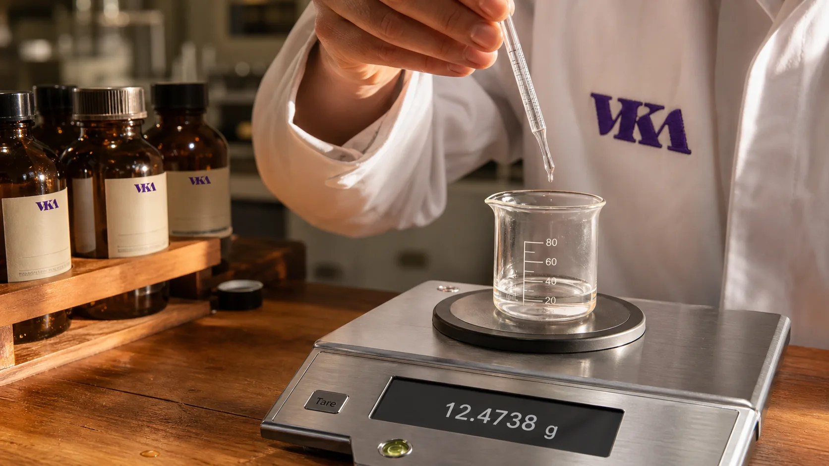 Flavourist pipetting a concentrate into an open beaker on a calibrated balance during early formulation.