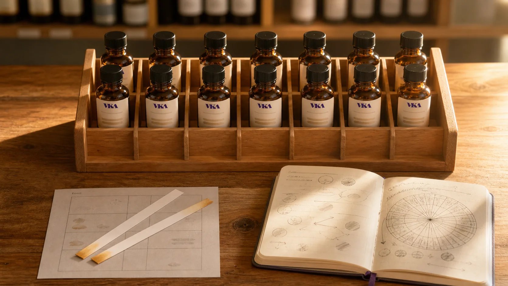 A wooden bench rack at VKA Southport holding eighteen 30 mL amber sample bottles in three neat rows of six, each bottle carrying the VKA wordmark on a cream label.