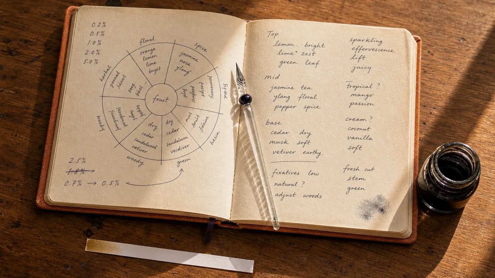 An open formulation notebook on the Southport bench, showing a hand-drawn flavour wheel and handwritten tasting notes.