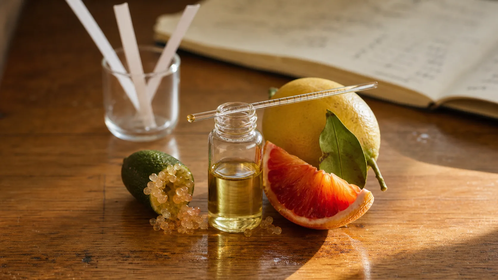 A small clear vial of pale-gold citrus essence with a glass pipette resting across the rim, beside a halved Australian finger lime spilling pink-green caviar pearls, a blood-orange wedge and a lemon with one leaf, on the Southport application bench.