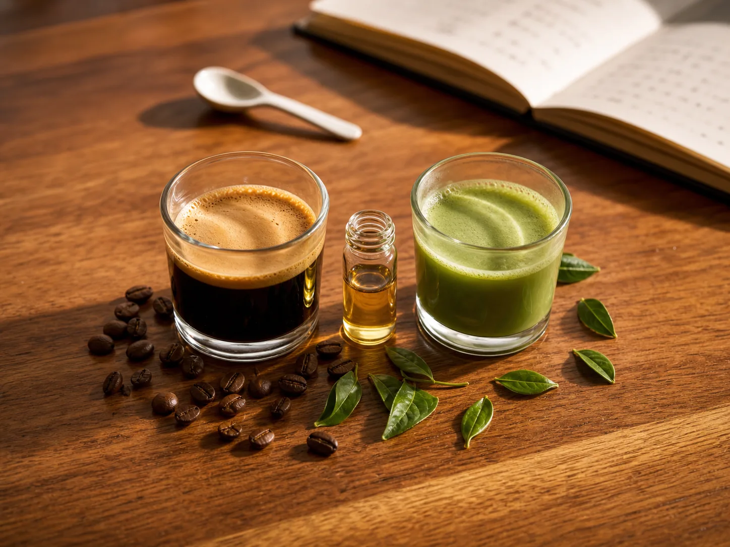 A glass of freshly pulled espresso with crema beside a glass of pale-jade matcha, a clear vial of essence between them, with loose coffee beans and green tea leaves scattered on the Southport application bench.