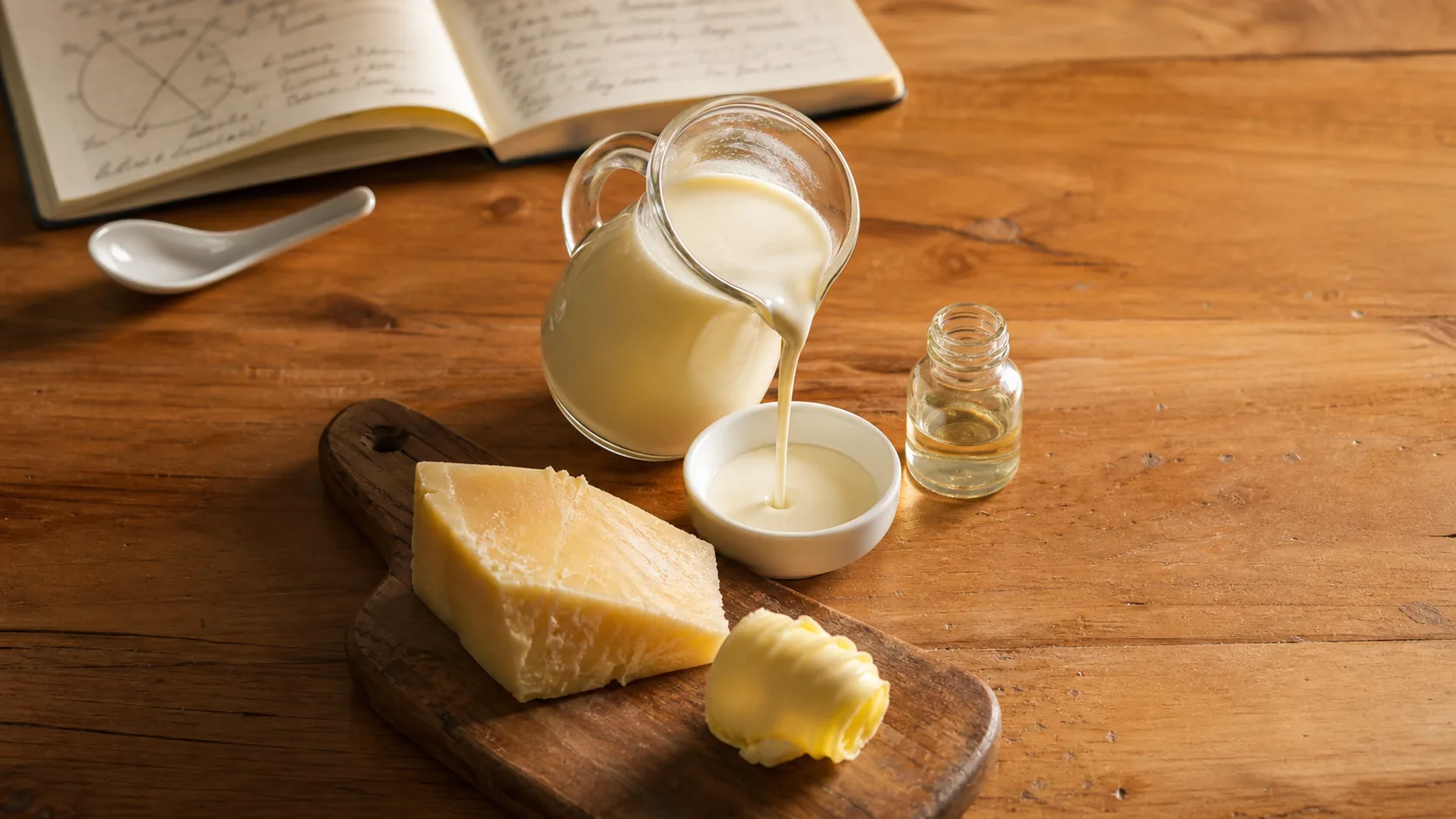 A clear glass jug pouring thick cream into a small white dish, beside a wedge of pale aged cheese, a curl of butter and a clear vial of dairy essence on a wooden board at the Southport application bench.