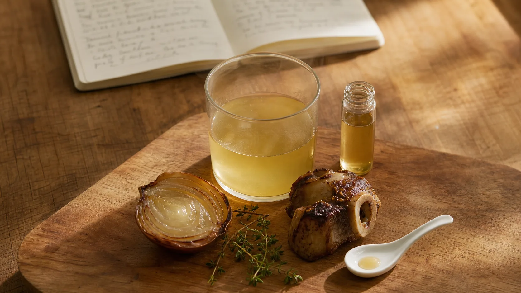 A small glass of pale-gold clarified stock beside a clear vial of savoury essence, with a halved roasted onion, a marrow bone and a sprig of fresh thyme on a wooden board at the Southport application bench.