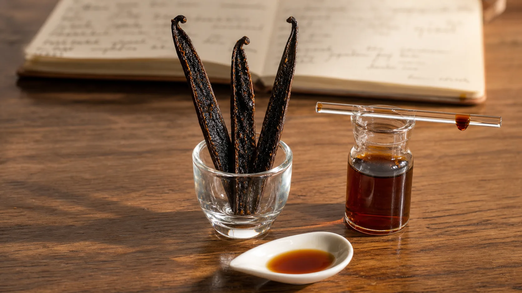Three split Madagascan vanilla pods standing in a small glass beside a clear vial of deep-amber vanilla extract with a glass stirring rod across the rim, a porcelain spoon holding a pool of extract in front, on the Southport application bench.