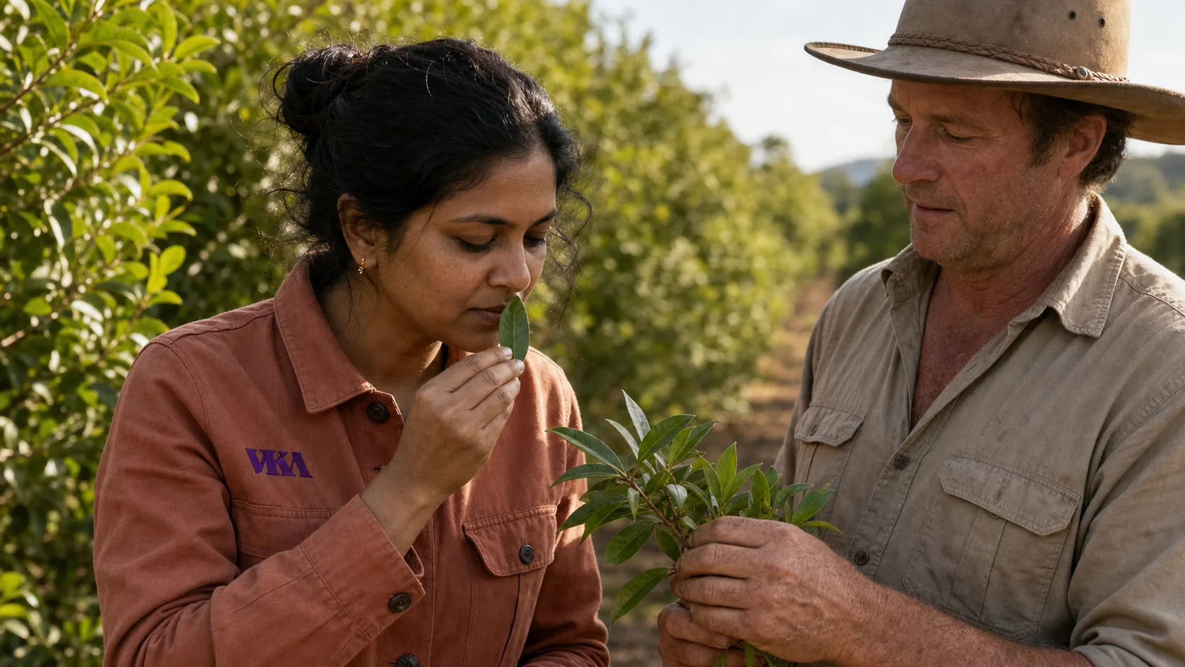A grower in a Northern Rivers lemon-myrtle plantation holds out a freshly-picked branch for a VKA flavourist, who lifts a single leaf to her own nose to check the aroma at source.