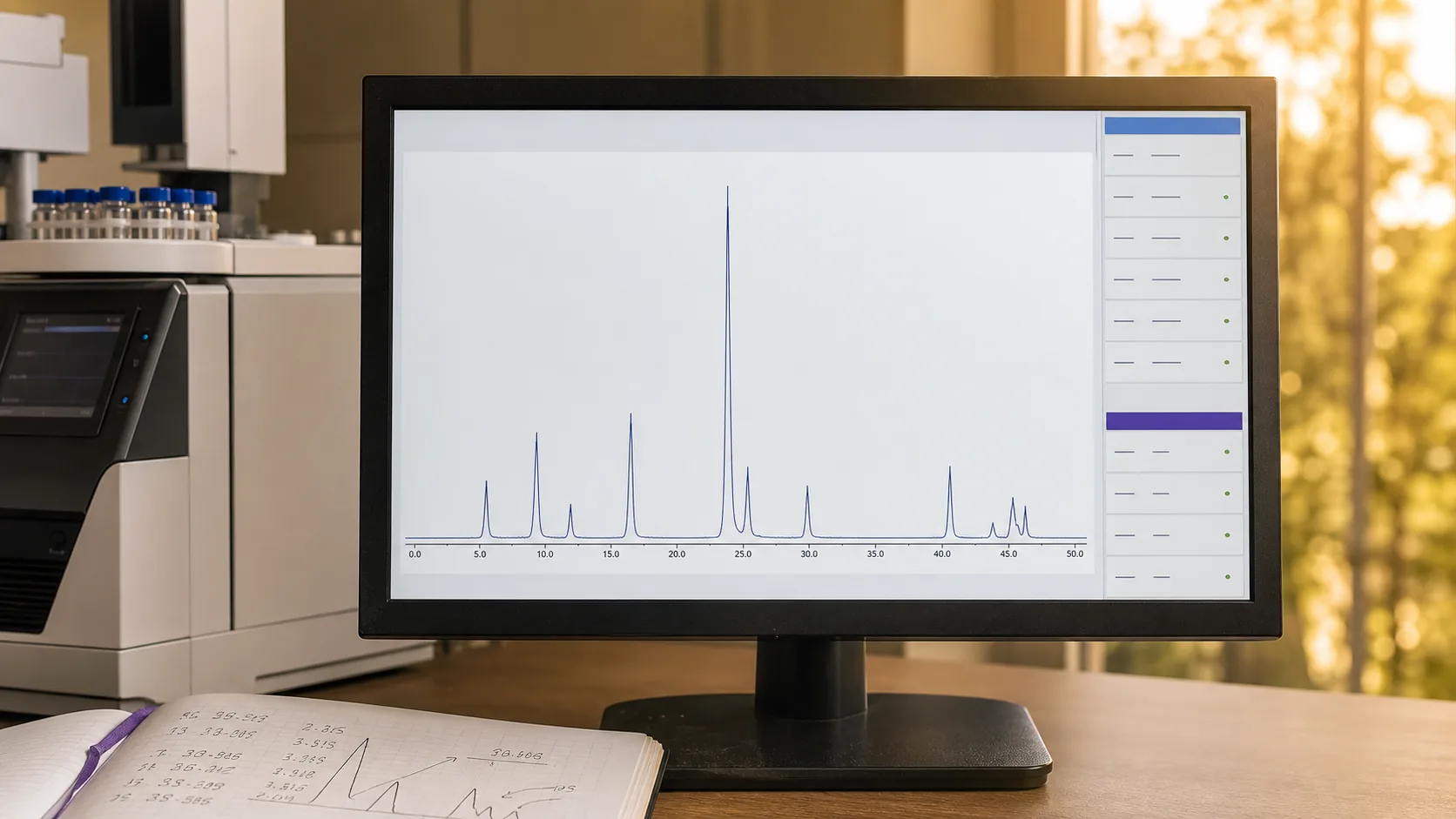 GC-MS screen at the Southport lab showing a live chromatogram trace during analysis.