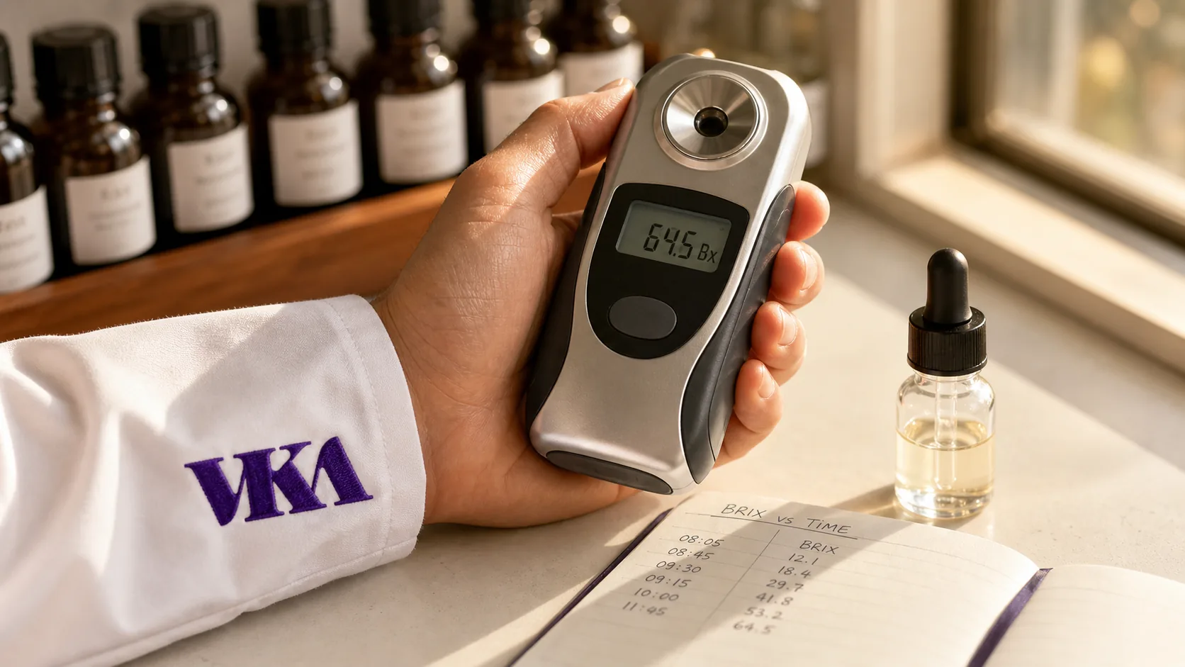 A flavourist reading a digital refractometer, checking a sample's refractive index for batch-to-batch consistency.