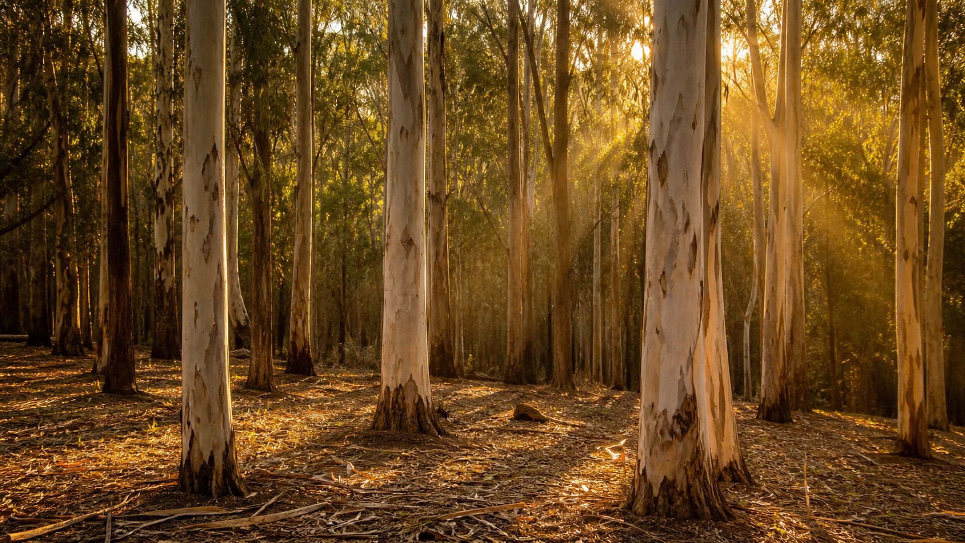 golden-hour light in a Queensland eucalypt forest, the working country behind the VKA Southport application kitchen