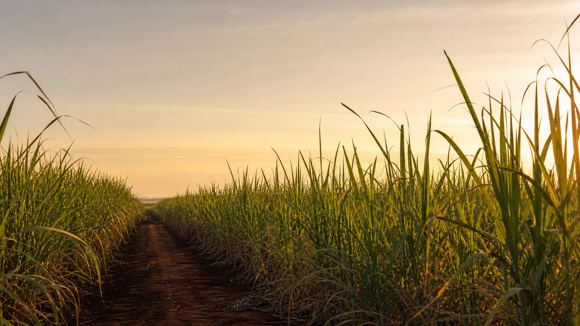 A wide view of a Bundaberg sugarcane field in coastal Queensland at late afternoon, long rows of cane heading towards the horizon, the green tops catching warm low light.