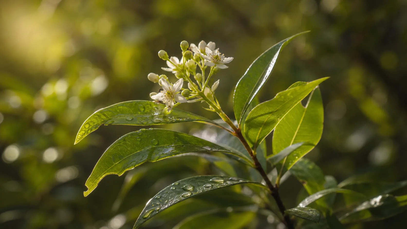 Close-up of fresh Australian lemon myrtle leaves with their characteristic long pointed shape and bright citrus-green colour, morning dew still beading on the surface.