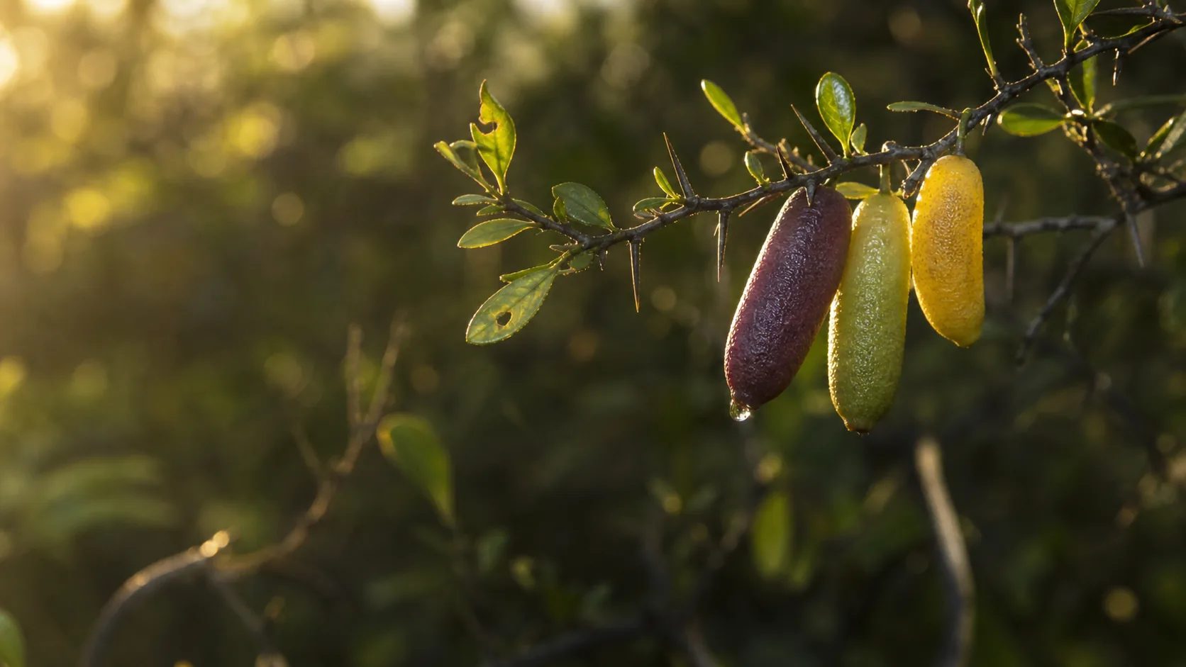 a fresh cluster of Australian finger limes on the branch, green and ripening, photographed against a soft bush background