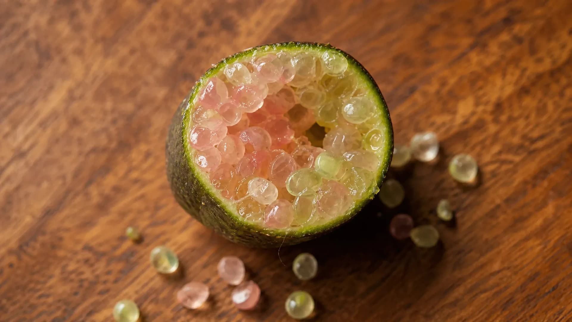 A cross-section of finger lime showing its caviar-like vesicles, an Australian native source for natural flavour development at the VKA Australia bench