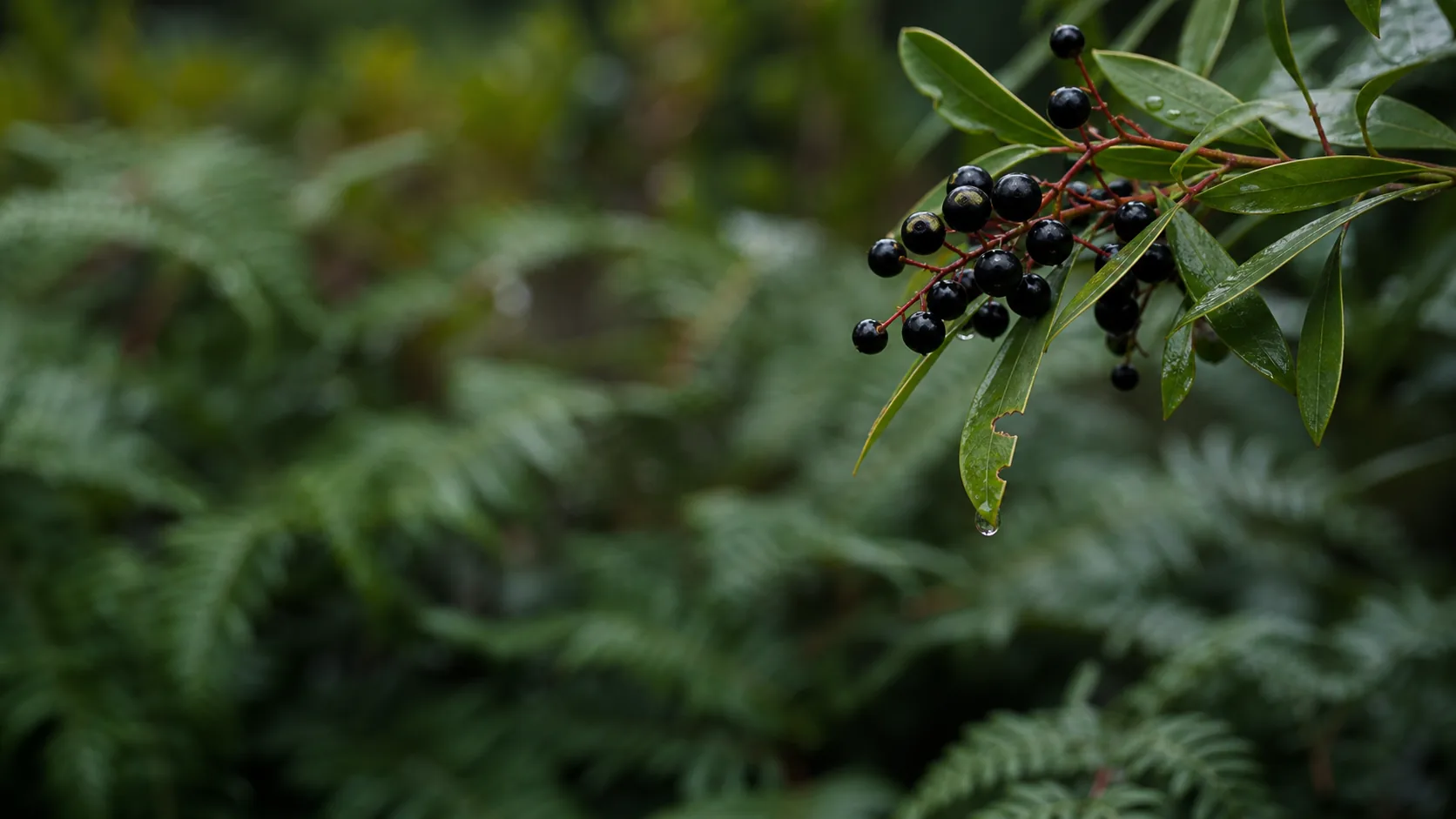 Dark red Tasmanian pepperberries clustered on a native branch, surrounded by glossy elliptical leaves.