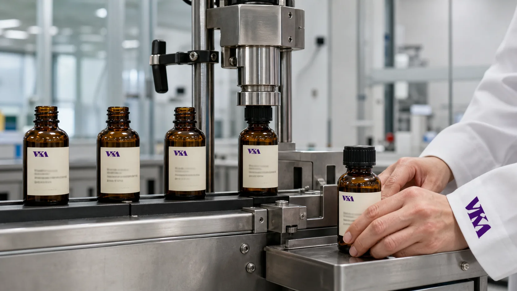 Automated capping line with rows of purple-capped amber sample bottles moving down the conveyor.