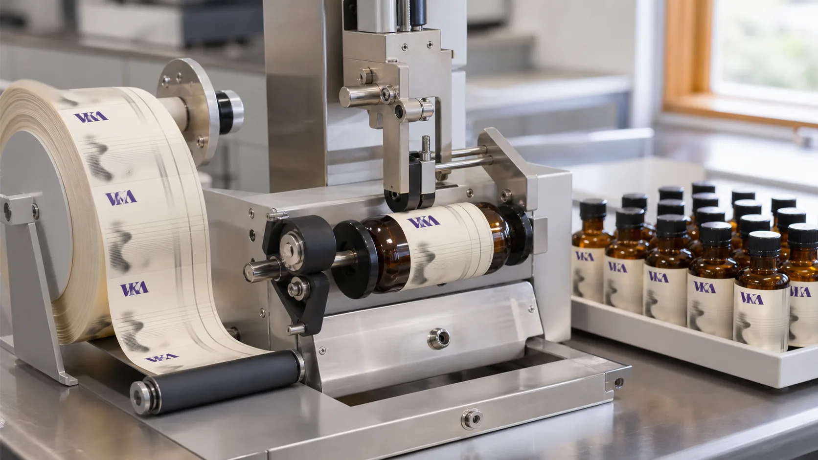 Labelling station applying the VKA mark to finished bottles before despatch.