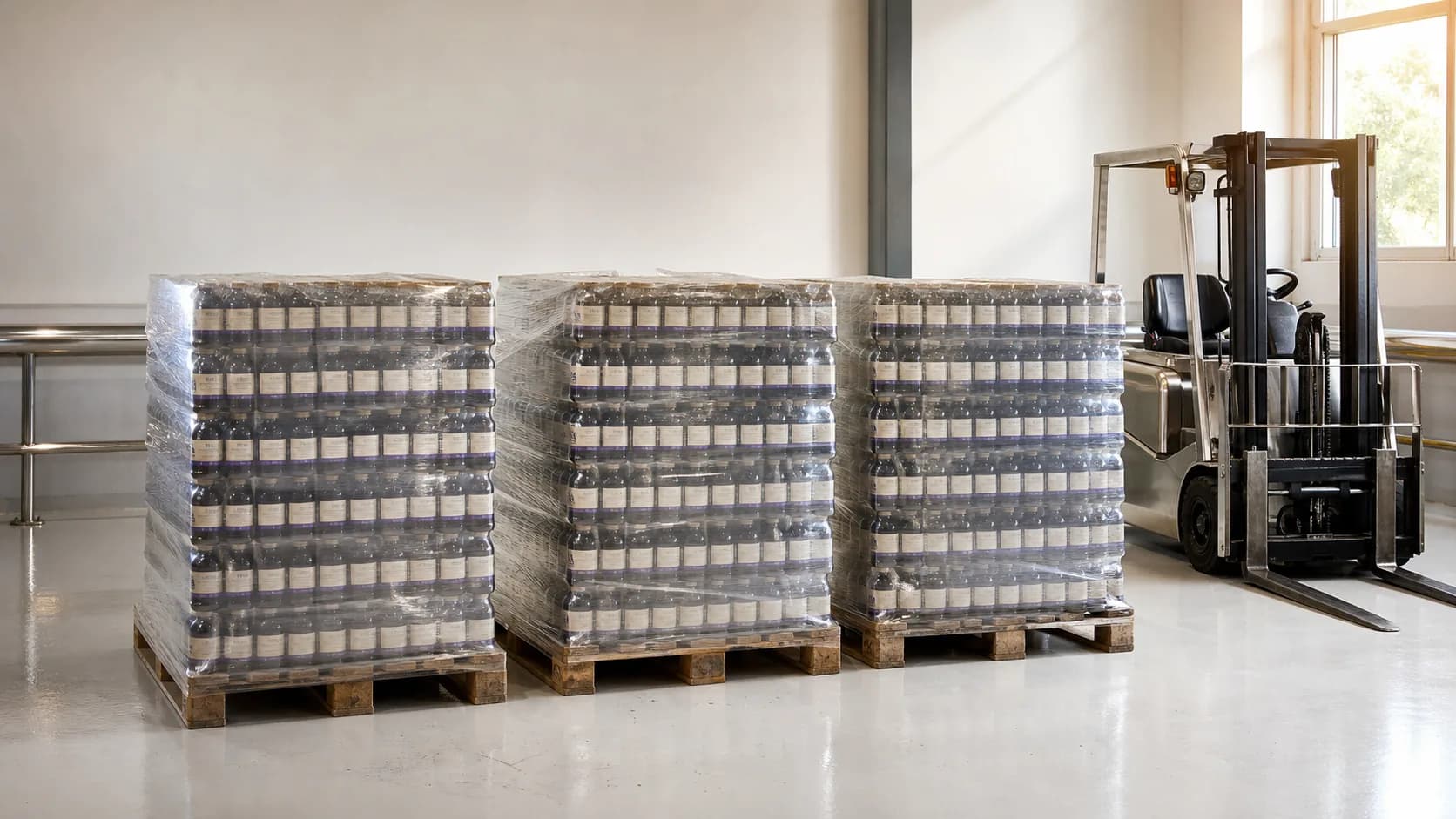 Shrink-wrapped pallets of bottles beside a forklift in a warehouse