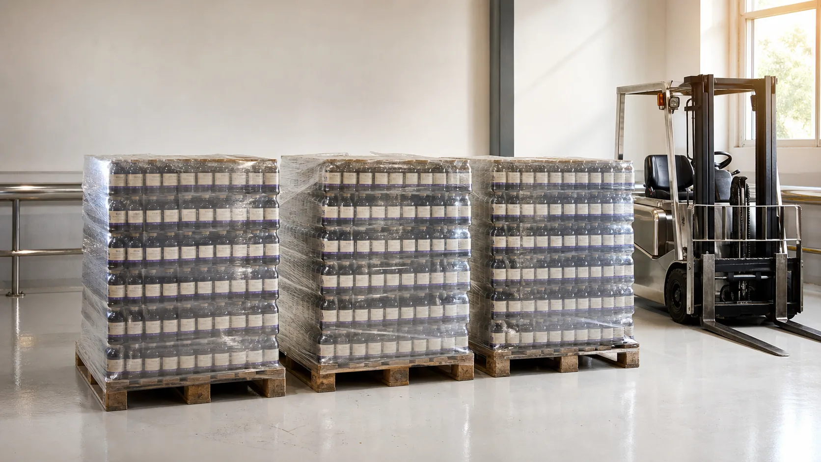 Stretch-wrapped pallets of finished, sealed VKA sample bottles in the Southport finished-goods warehouse. Three pallets of capped and labelled product stacked beside each other, a stainless forklift parked to the side, a safety rail along the back wall.