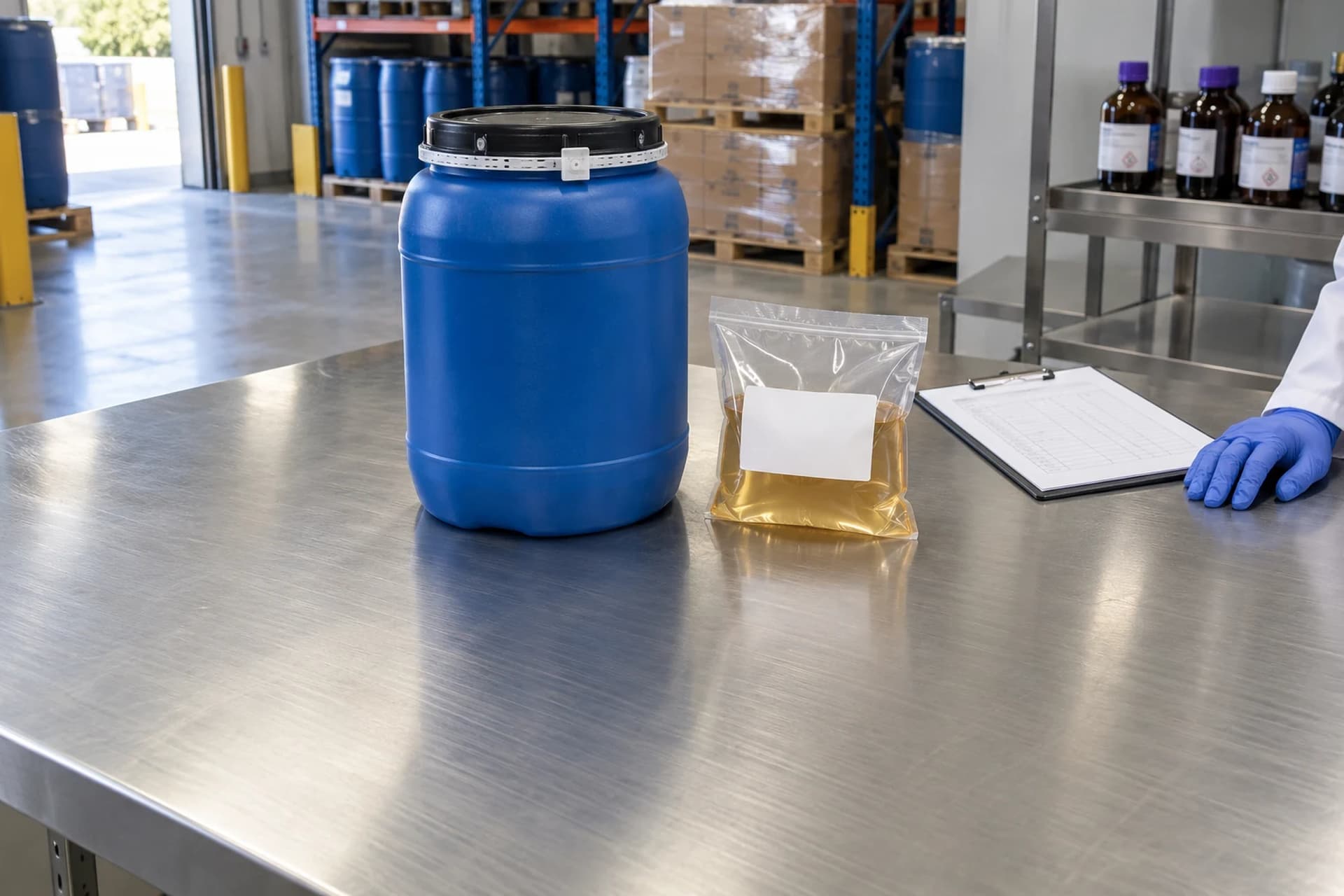 A sealed blue drum and a sample bag of pale liquid beside a specification sheet on a stainless inspection table in a raw-material store