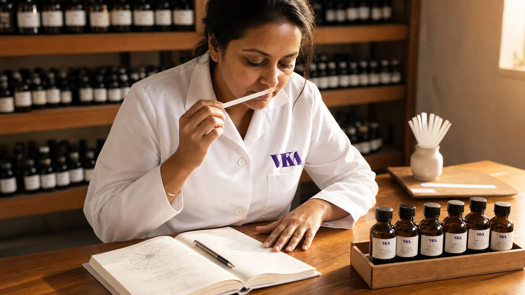 A flavourist at the VKA Southport bench holding a paper smelling strip to the nose, evaluating a prototype, white VKA coat with chest mark visible.