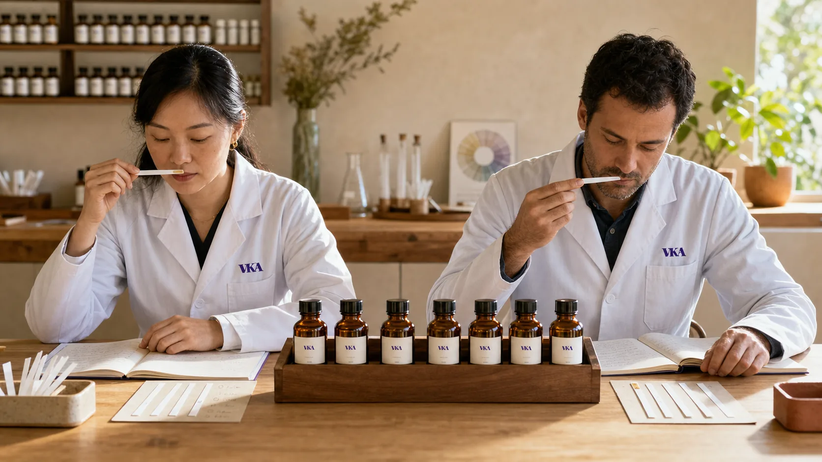 Two VKA Australia flavourists at the Southport bench, each evaluating their own smelling strip, amber sample bottles between them.
