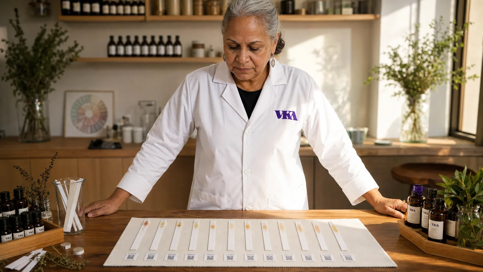 A wide view of the VKA Australia flavour bench at Southport. A senior Aboriginal Australian flavourist in her late fifties stands at the back of the bench reviewing a row of used smelling strips on a labelled white linen mat. A junior Korean-Australian male in his mid twenties is heads-down at the next station with his own strip to his own nose. A wooden rack of amber sample bottles sits at the centre of the bench. Both wear clean white lab coats with the VKA wordmark embroidered on the left chest.