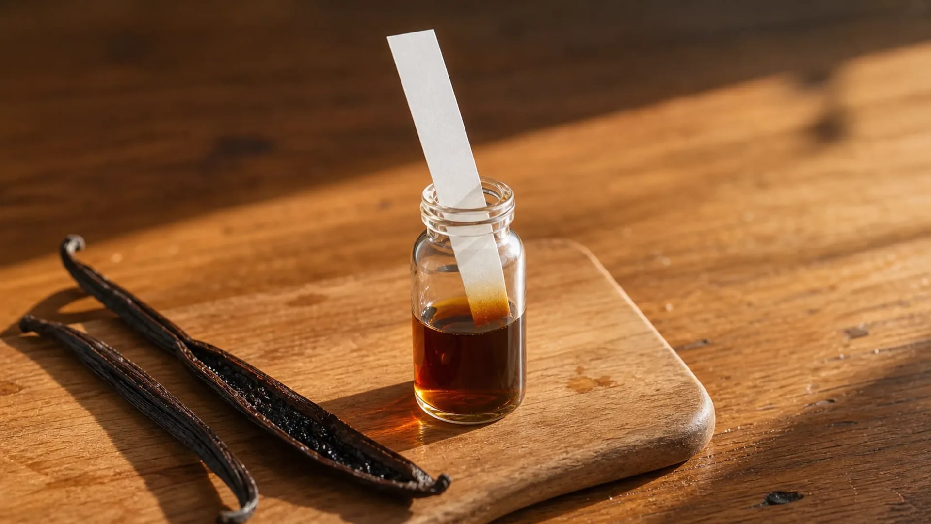 A vanilla-bean alongside a cream smelling strip on a sensory bench, the canonical reference for evaluating a vanilla extract or a vanilla flavour