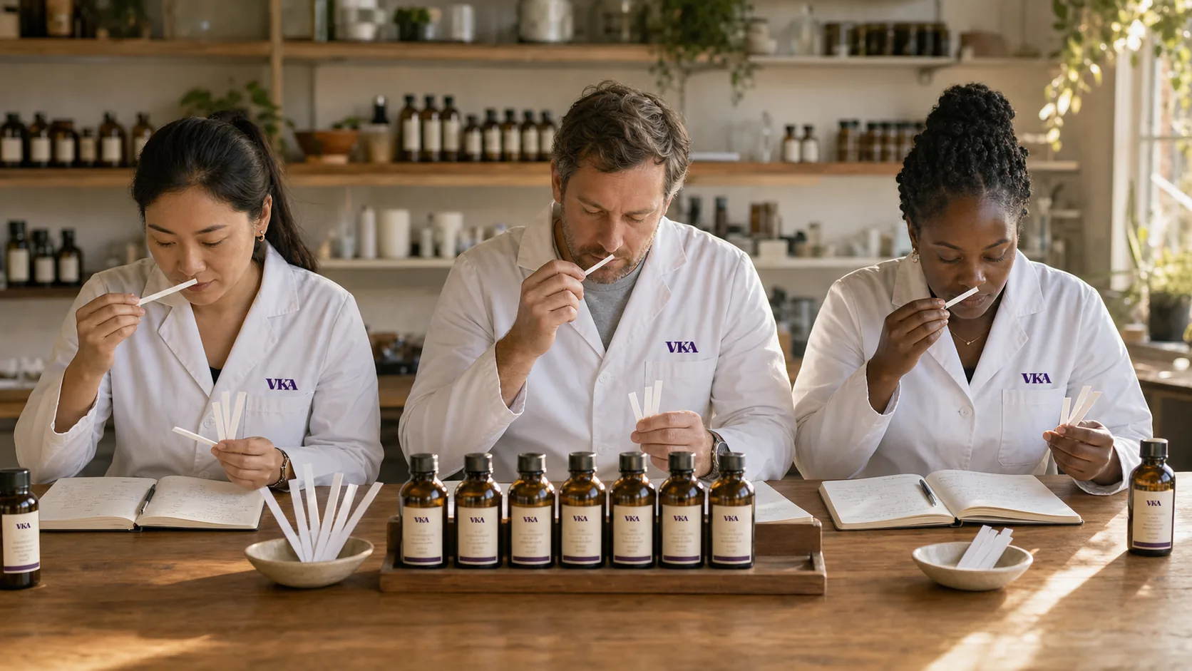 Three VKA Australia flavourists at the sensory bench, each smelling their own strip during a trained-panel evaluation.