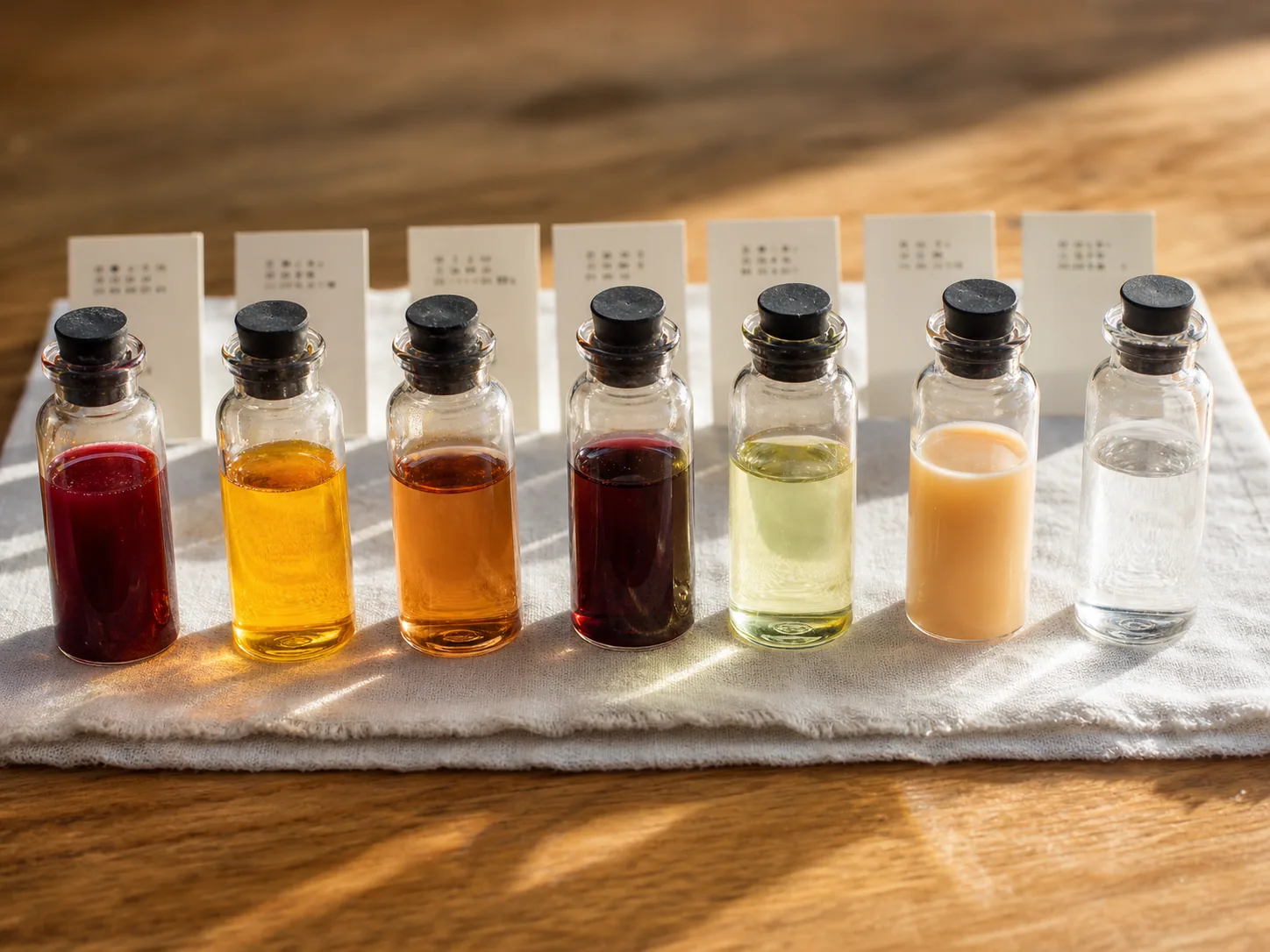 A row of synthetic colour concentrate vials racked in order on the Southport bench, each batch labelled for traceability.