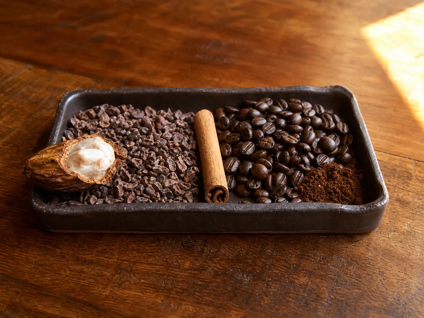 A small dark-clay rectangular tray on the bench split into two halves: the left side holds a generous heap of dark cocoa nibs with a small cocoa-pod fragment showing the white pulp interior; the right side holds glossy dark-roasted whole coffee beans beside a small cluster of fresh-ground coffee. A short cinnamon stick rests across the centre.