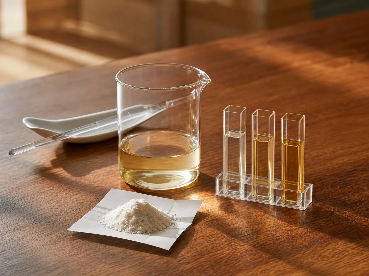 A clean borosilicate glass beaker on the bench containing a clear pale-amber liquid; in front of the beaker, on a small folded square of white weighing paper, a measured mound of fine off-white masking-agent powder. Three short clean glass cuvettes in a tiny rack on the right hold the same solution at three different concentrations. A glass volumetric pipette rests on a clean ceramic spoon rest behind the beaker.