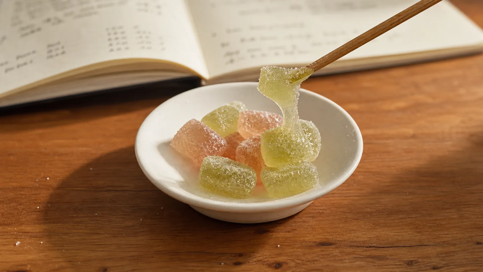 A single translucent finger-lime gummy lifted on a small wooden pick from a white porcelain dish of pale-green and pale-pink gummies, a fine sugar dusting on the rim, on the VKA Australia application bench.