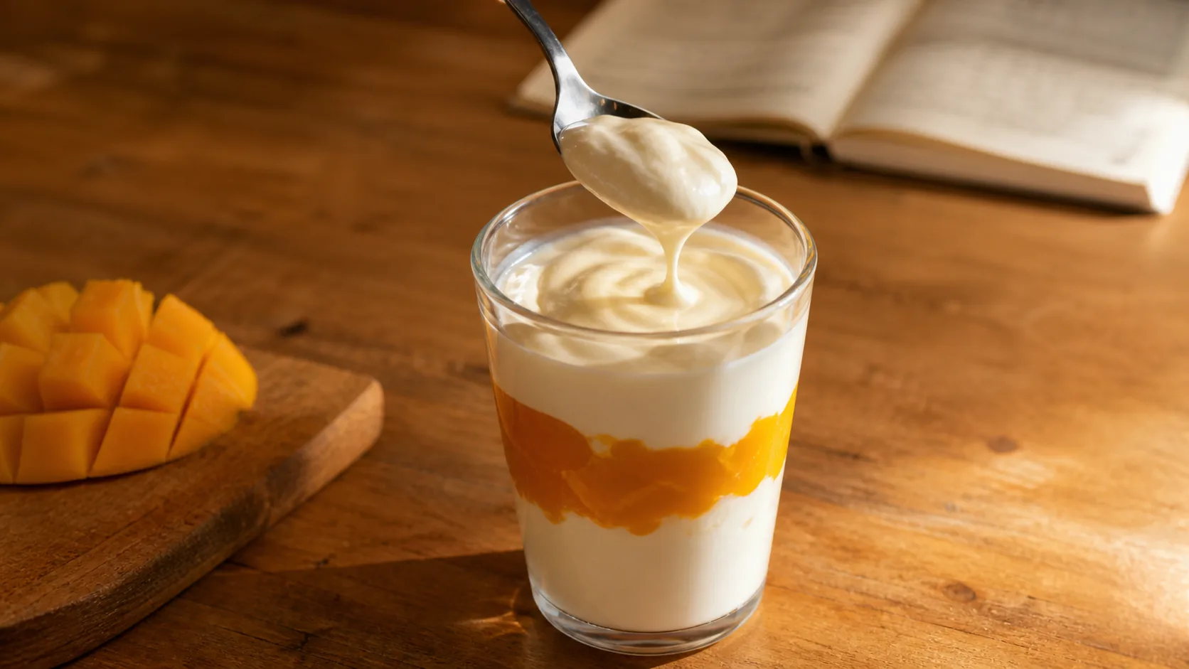 A tall clear glass cup of layered thick yoghurt with a band of glossy soft-orange mango puree, a small silver dessert spoon lifting a soft scoop above the rim to show the creamy pull, a fresh-cut mango on a board alongside, on the VKA Australia application bench.