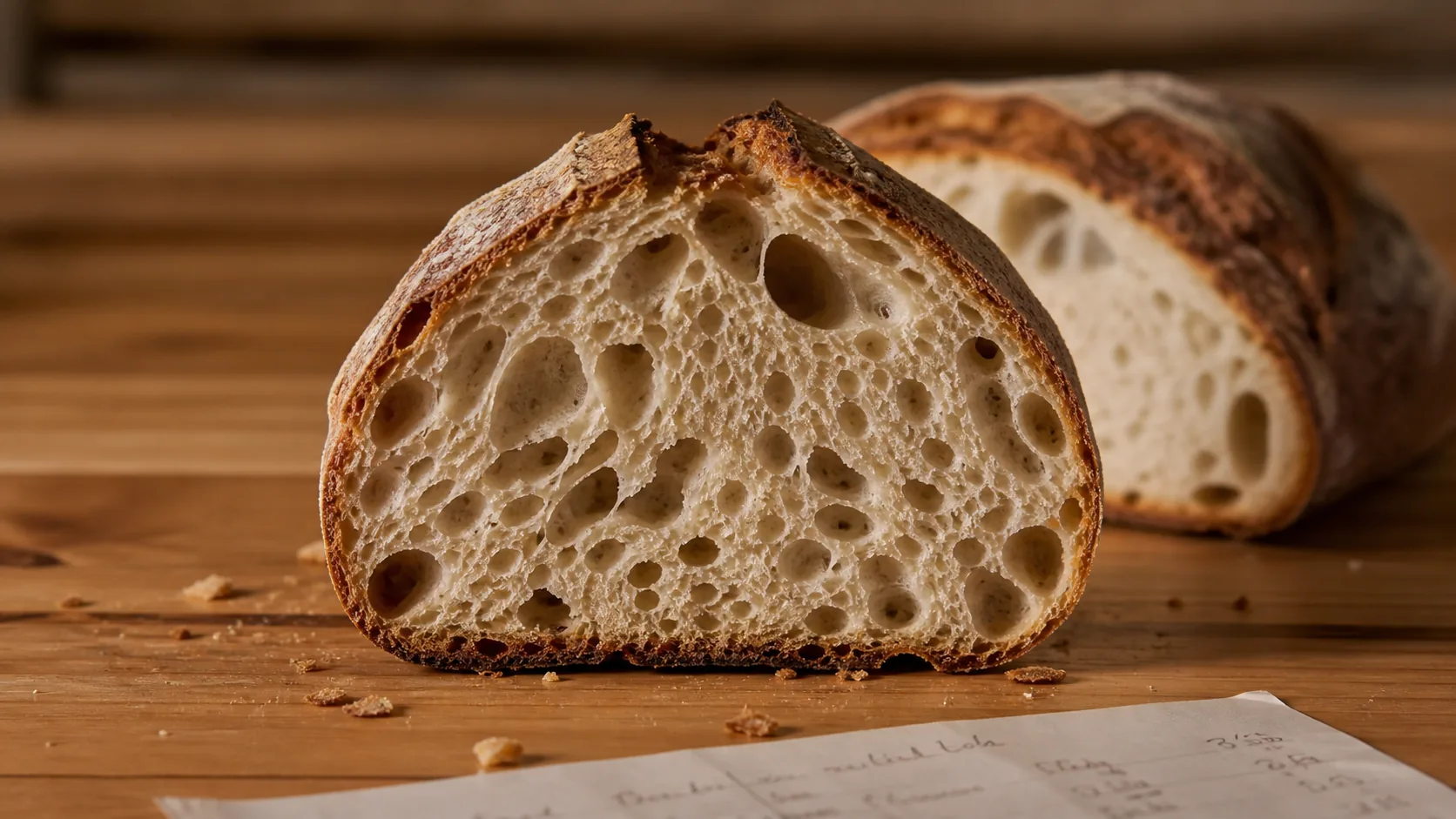 A thick freshly cut cross-section slice of rustic sourdough standing on a warm hardwood board, the open airy crumb and cracked top crust both in close frame, the cut half-loaf behind, on the VKA Australia application bench.